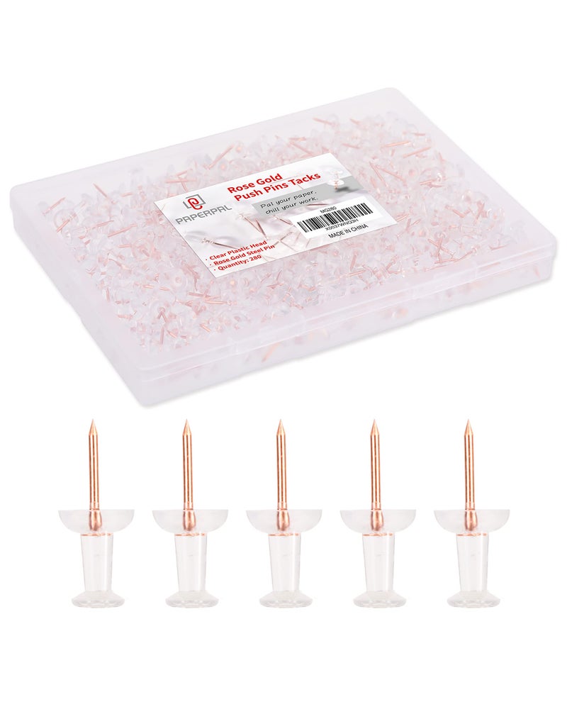 PAPERPAL 280 Rose Gold Push Pins for Cork Board, Clear Thumb Tacks for Wall Hangings, Pushpins for Office School & Personal Use, Standard Size Push Pin Tacks - Image 1